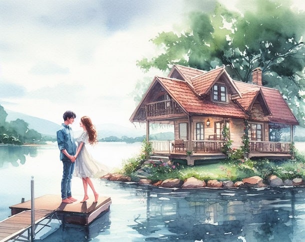 A couple on a floating slip in a lake with a house in the background.