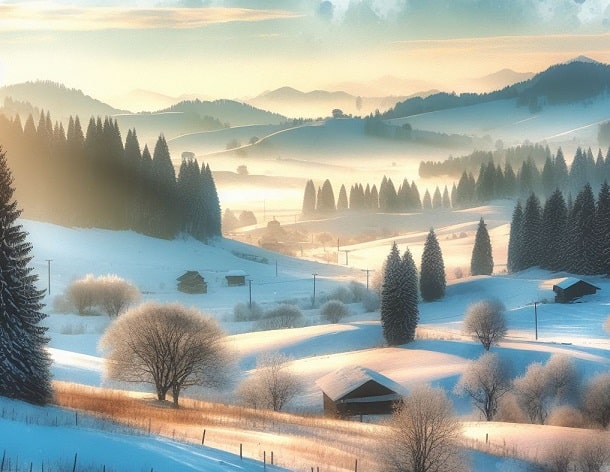 A painting of a winter landscape in the morning.