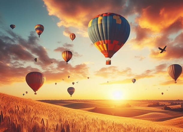 Hot air balloons rising during a sun rise.