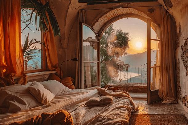 A sunrise seen from a bedroom.