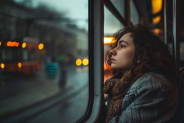 A woman sadly looking out of the window while riding the tram.