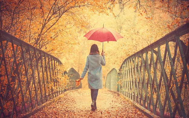 A woman with an umbrella walking over a bridge with fall colors all around her.
