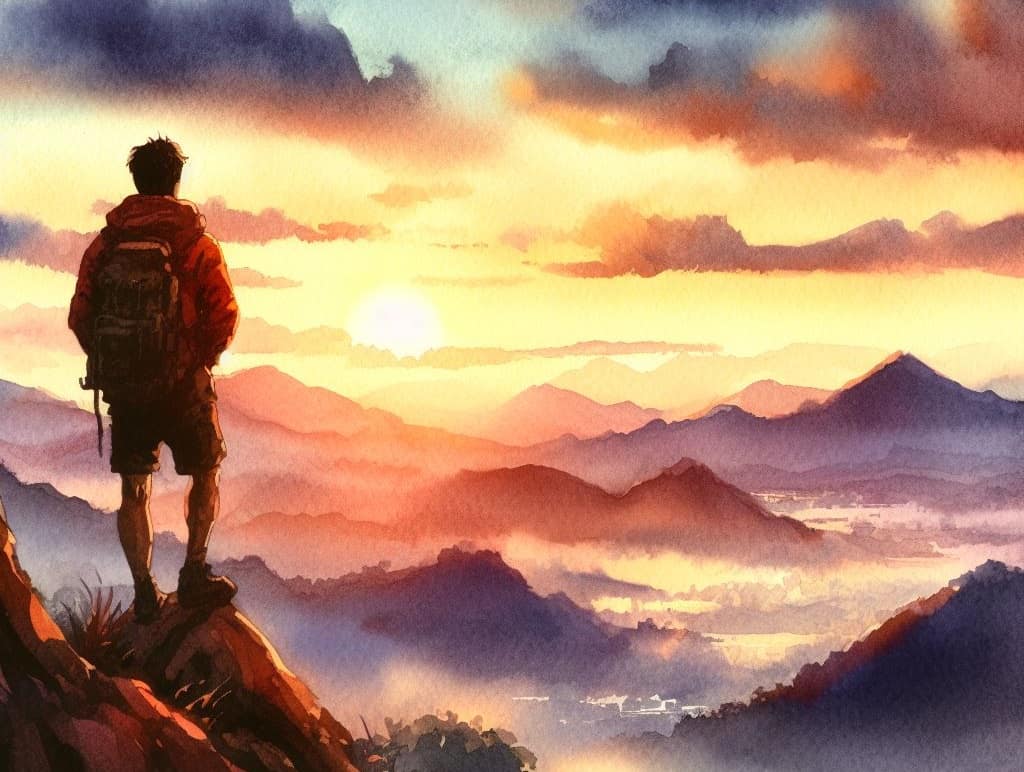 An watercolor image of a man getting out his repletion zone by hiking up to the top of a mountain.