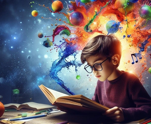 A boy learning from a book.