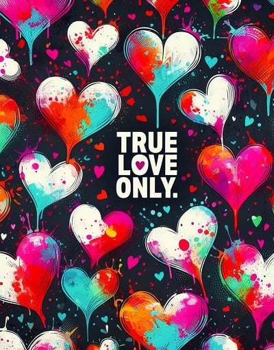 Many colorful hearts and the quote: true love only.