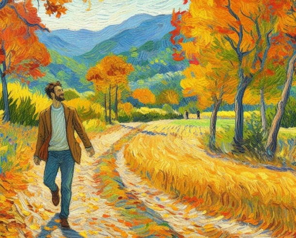 A painting of a man walking through an storing forest.