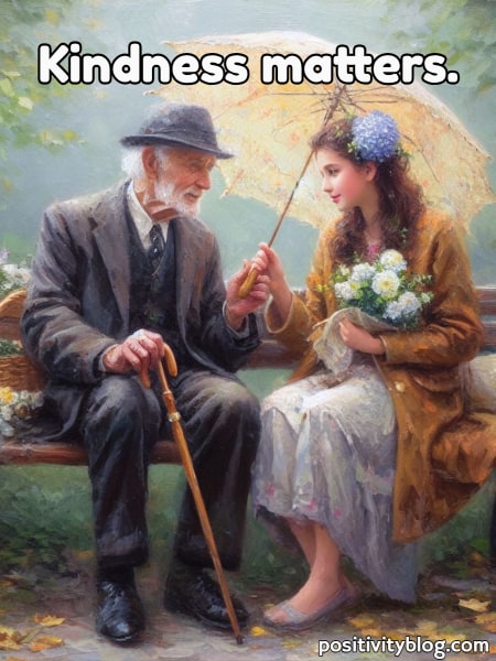 An image of a an old man and a young woman on a bench.