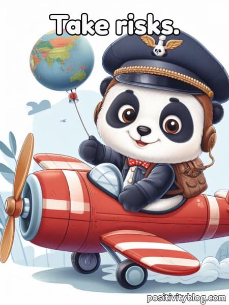 A panda taking a trip out in the world with his airplane.