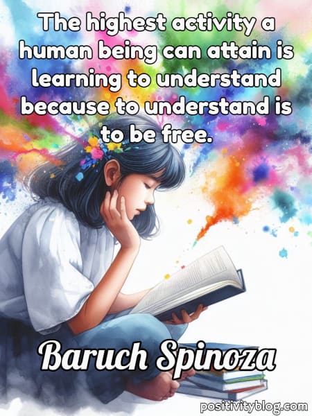 A girl learning from a book while different colors swirl over her head.