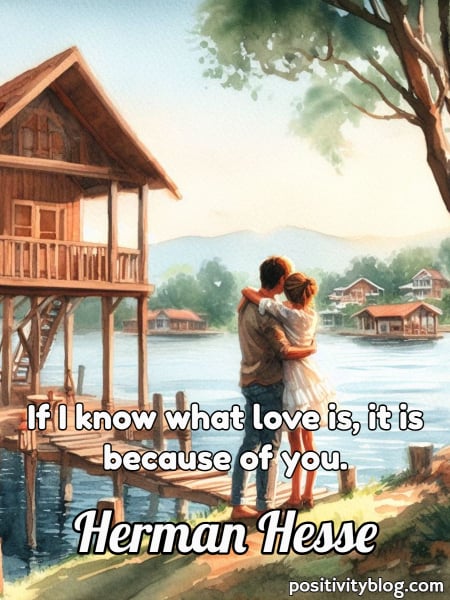 A loving couple looking over a lake in a watercolor painting.